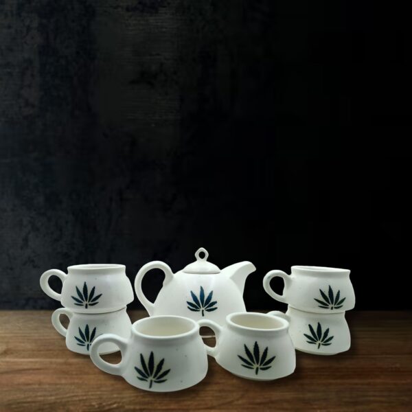Premium Tea Cup Set with Kettle & 6 Cups |White with Leaf Pattern|