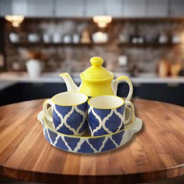 Tea Cup Set with Kettle & Serving Tray |Ceramic Tea Set|2 Cups (150ml), 1 Kettle(400ml), 1 Tray (4 Piece Set) | Moroccan Pattern