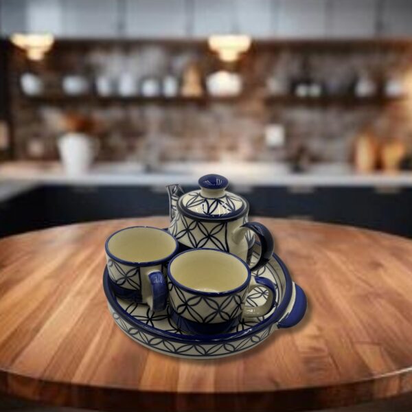 Tea Cup Set with Kettle & Serving Tray |Ceramic Tea Set|2 Cups (150ml), 1 Kettle(400ml), 1 Tray (4 Piece Set) | Moroccan Pattern