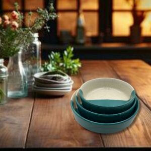 Ceramic Salad Bowl (Set of 3 Bowls 7.5",6.5," 5.5" Color Turquoise & White)